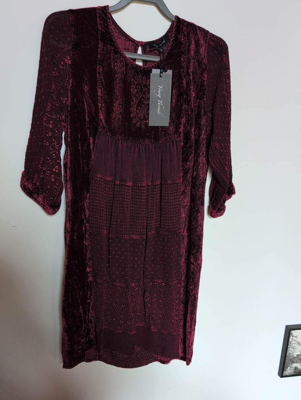 Young Threads Velvet Embroidered 3/4 Sleeve Dress in Burgundy Velvet
